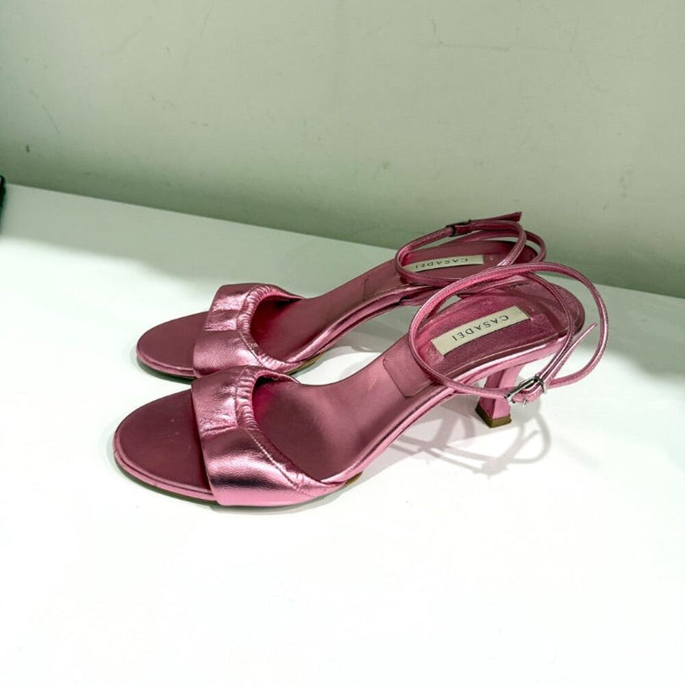 Casadei Metallic Leather Ankle Strap Kitten Heel Sandals Pink Women's EU 37.5